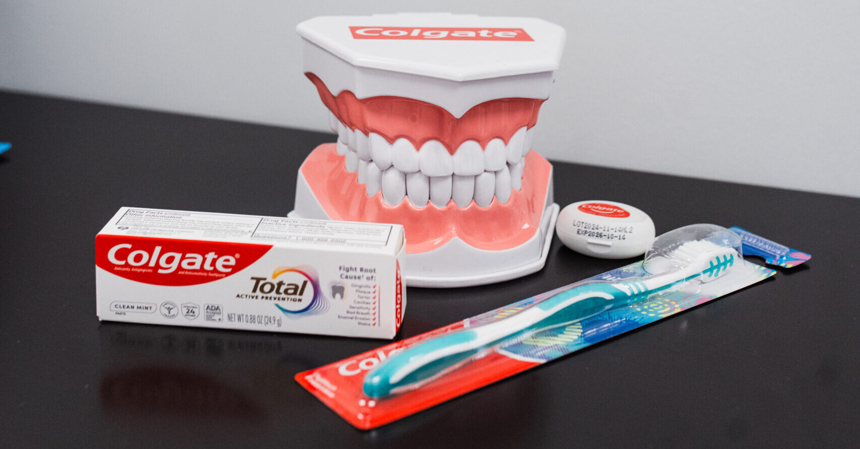 Toothpaste, Brush, Dentures, Flossing all from Colgate