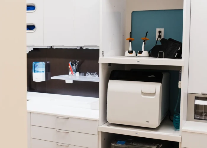 Custom sterilization center cabinetry at Scioto Smile Studio with ample storage and workspace